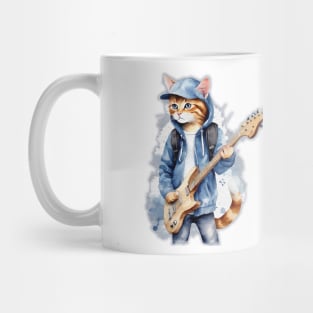 Cute streat cat wearing a hoodie with cap playing guitar watercolor splash Mug